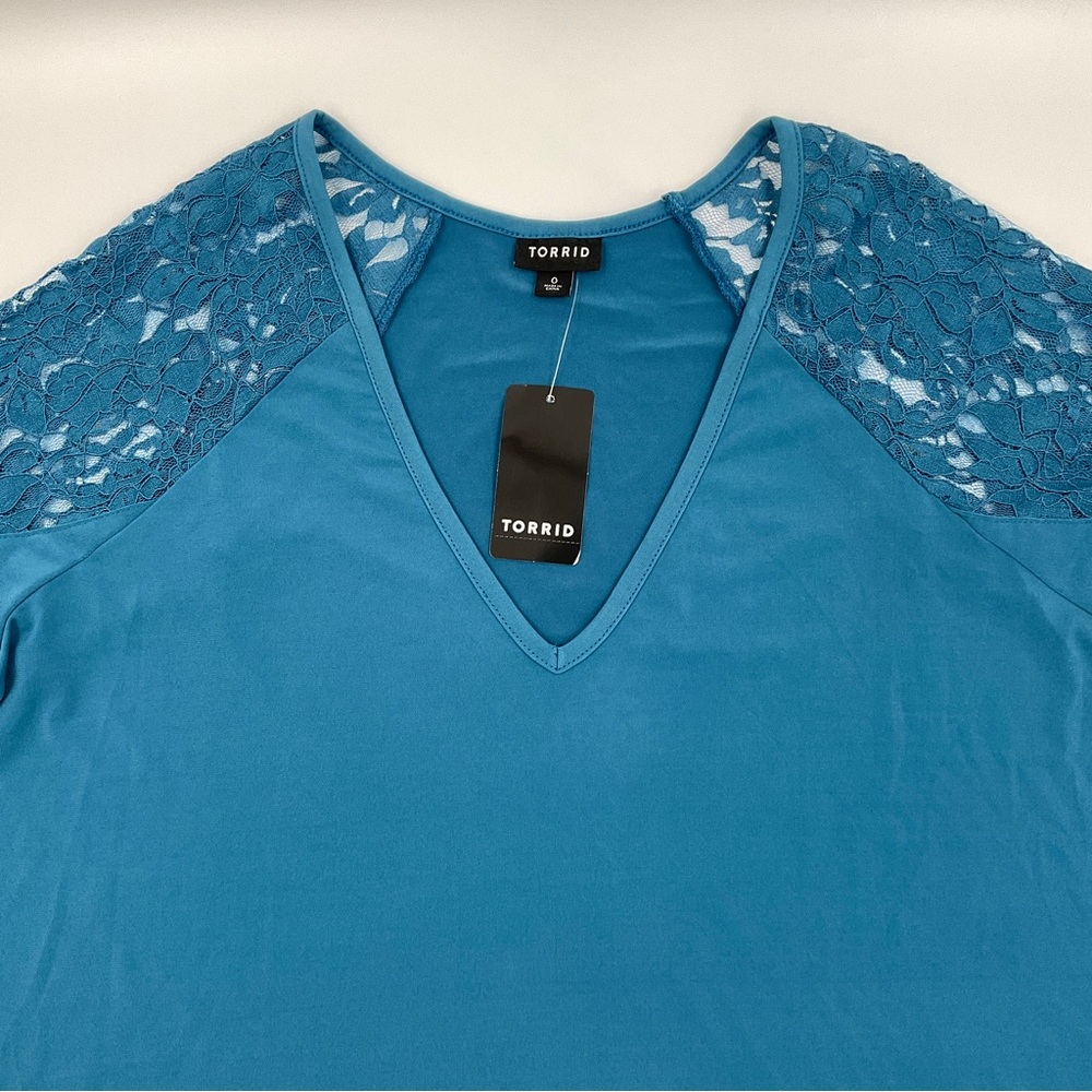 Torrid NWT Studio Knit Lace Shoulder Top Long Sleeve Midnight Teal 0 / L / 12 - Picture 11 of 16